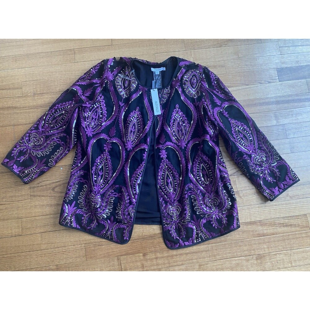 NWT Chico's 2 L Travelers Jacket Mesh Embroidered Sequin Paisley Purple Art Deco